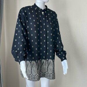 Black and white Boho chic tunic blouse button up with paisley border print